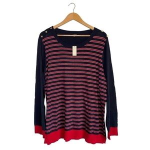 Talbots Red Navy and Metallic Silver Striped Pullover Crew‎ Neck Sweater Size 2X